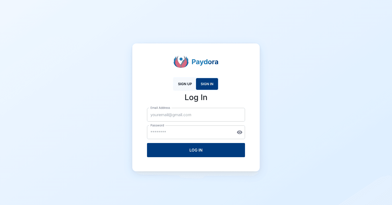 Paydora login screen for the CPCS gaming operations and multi-gateway payment management platform.