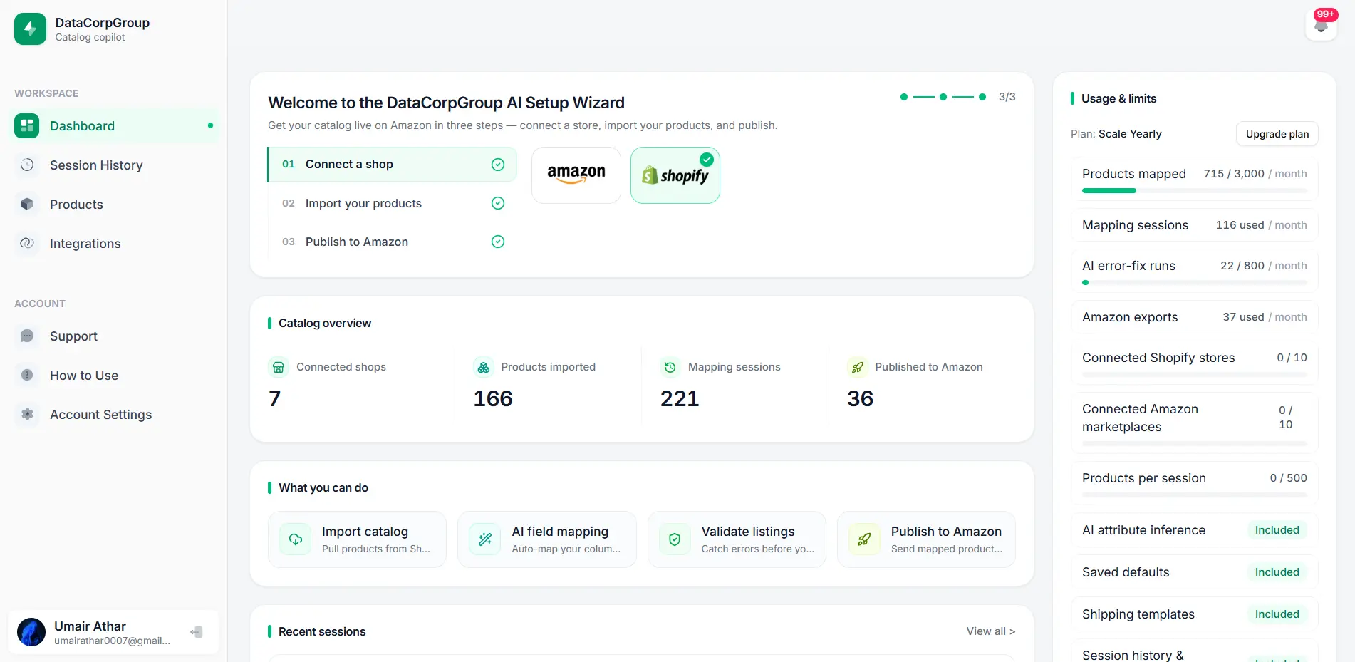Screenshot of the DataCorpGroup AI seller workspace mapping Shopify products to Amazon listings.