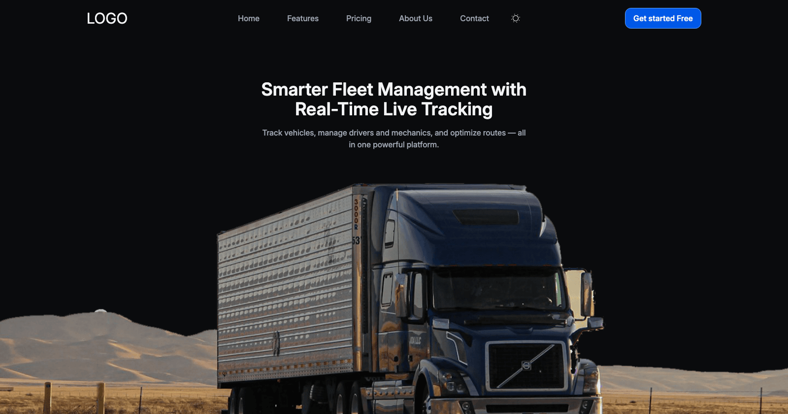 FleetReact landing page hero promoting smarter fleet management with real-time live vehicle tracking.