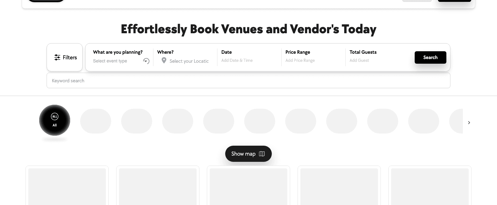 GalaTab homepage with venue and vendor search filters for event type, location, date, price range, and guest count.