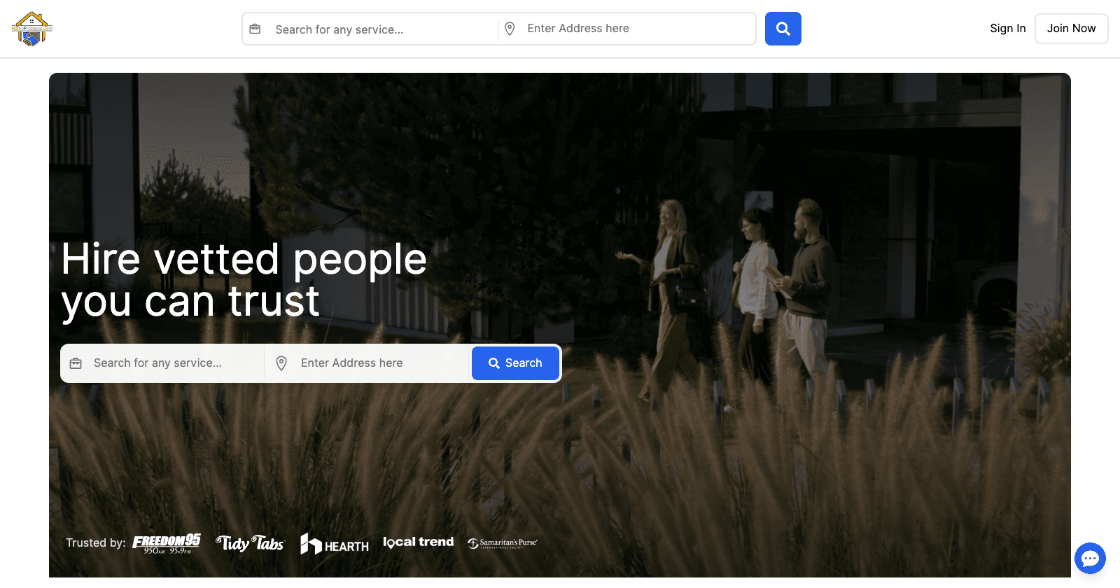 HomePro Deals homepage with service search, address lookup, and the hire-vetted-people hero banner.