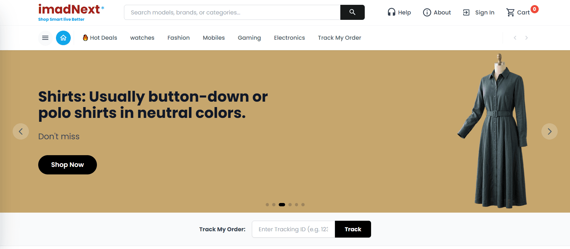Screenshot of the ImadNext storefront homepage, a certified tech eCommerce platform built with Next.js.