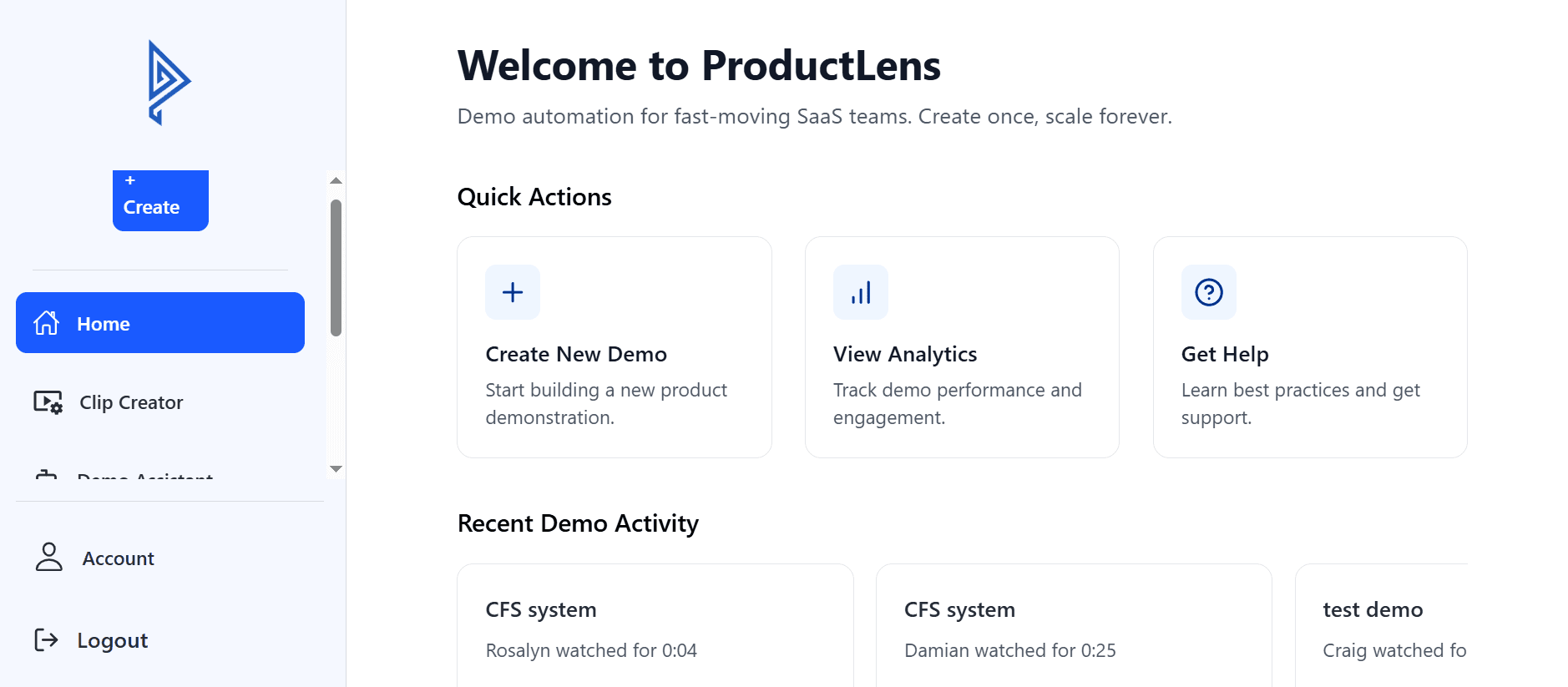 Screenshot of the ProductLens admin panel used to create, manage, and track interactive product demos.