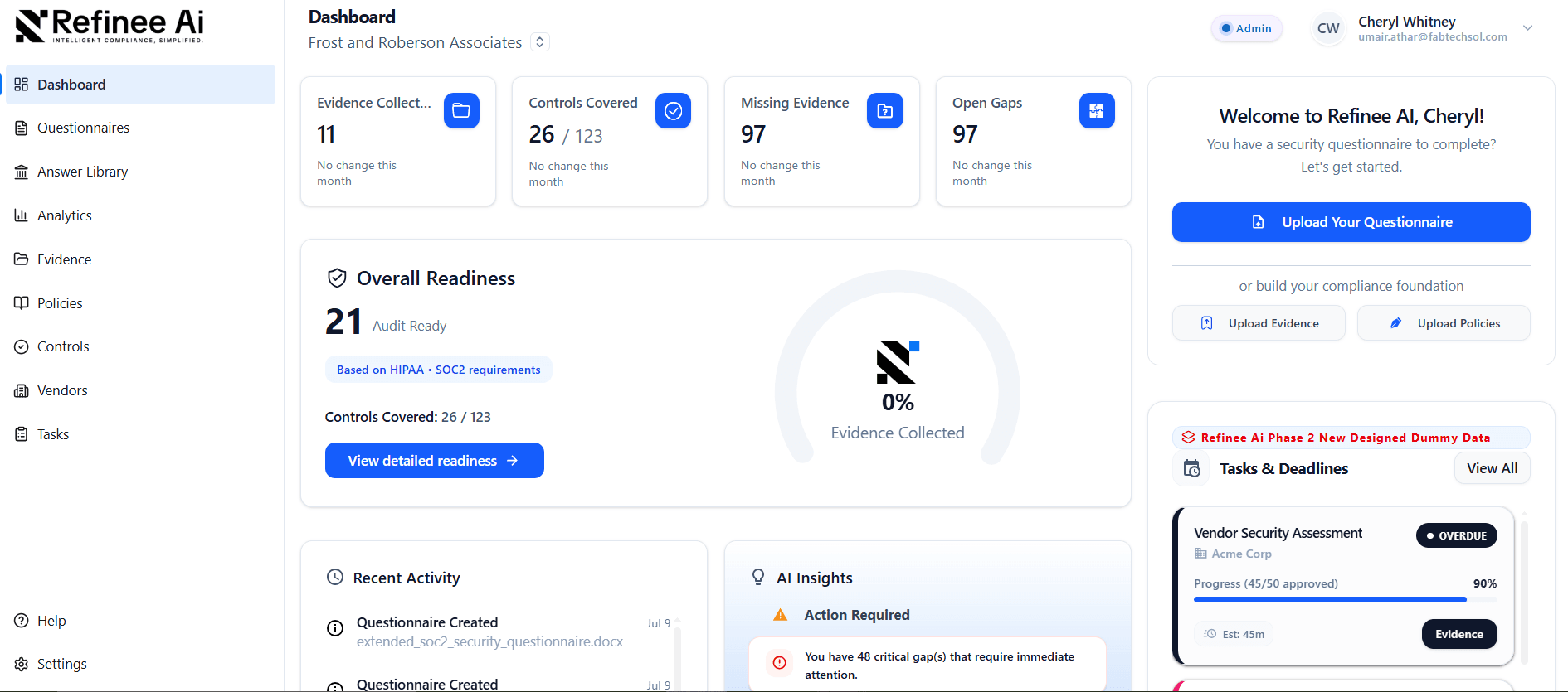 Screenshot of the Refine AI compliance dashboard used to automate SOC 2 and ISO 27001 workflows.