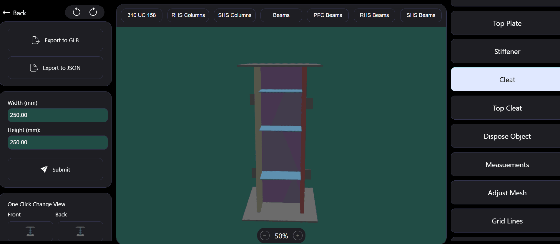 Screenshot of the 3D steel fabrication configurator built with Babylon.js, showing a structural member being edited.